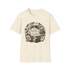 The World Is Our Classroom homeschool mom graphic t-shirt with an adventurous homeschool graphic with nature, books, and outdoor learning energy