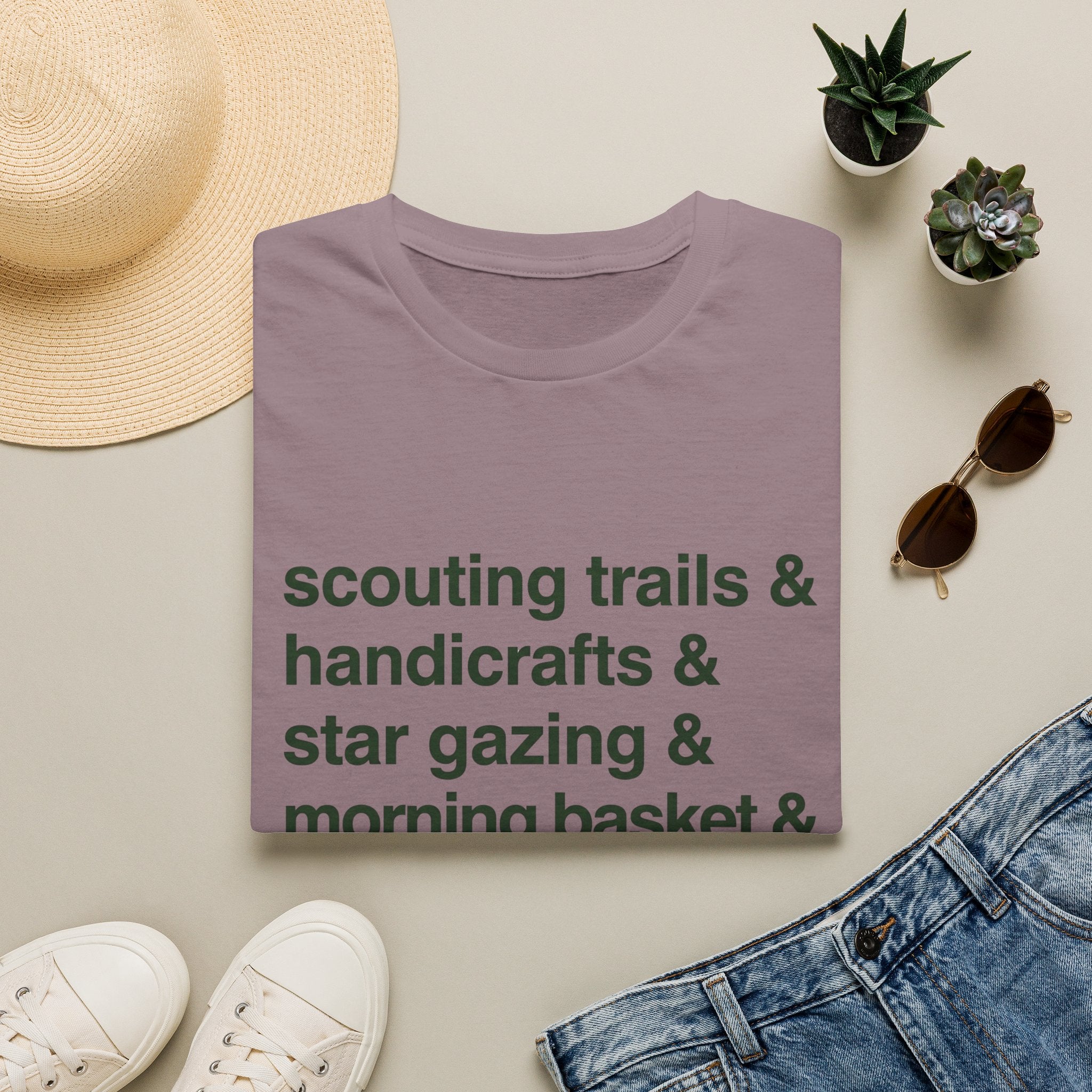 Scouting Trails Check List homeschool mom graphic t-shirt with a playful checklist-style homeschool graphic with bookish and nature-inspired details