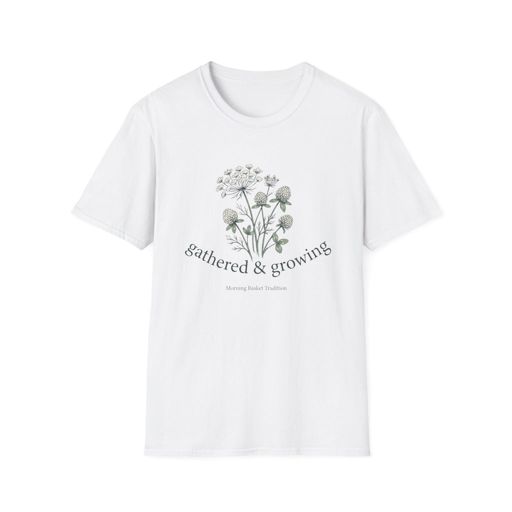 Gathered & Growing homeschool mom graphic t-shirt with a gathered-at-home inspired graphic with books, florals, and cozy family learning details
