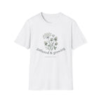 Gathered & Growing homeschool mom graphic t-shirt with a gathered-at-home inspired graphic with books, florals, and cozy family learning details