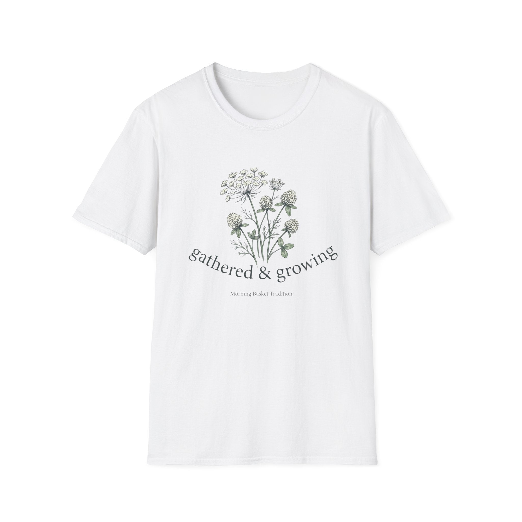 Gathered & Growing homeschool mom graphic t-shirt with a gathered-at-home inspired graphic with books, florals, and cozy family learning details