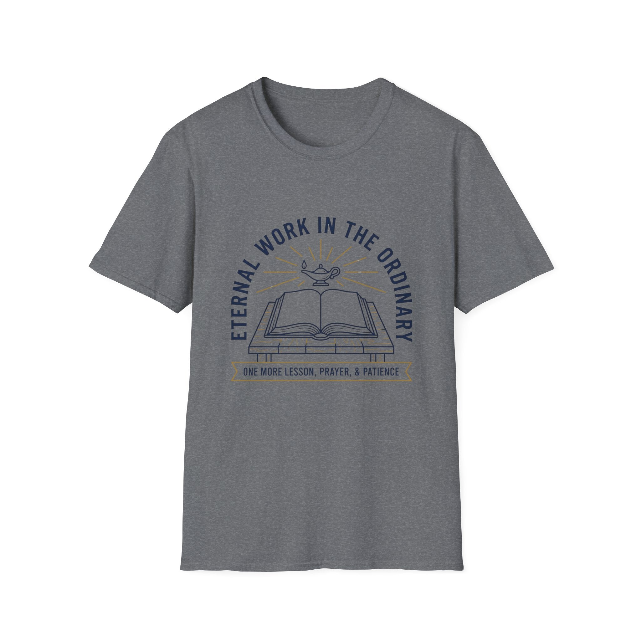 Eternal Work In The Ordinary homeschool mom graphic t-shirt with a faith-filled homeschool design with gentle lettering and classic illustrative details