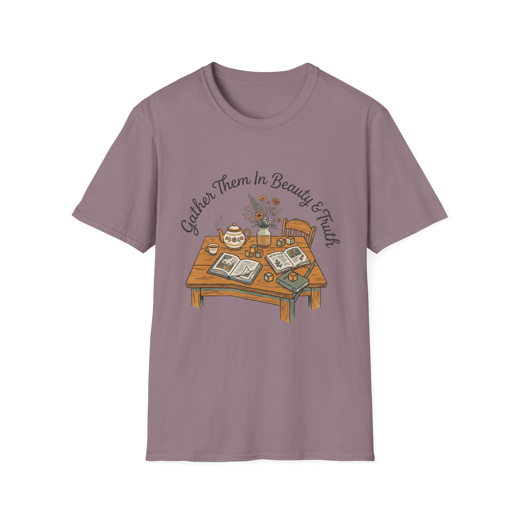 Gather Them In Beauty homeschool mom graphic t-shirt with a gathered-at-home inspired graphic with books, florals, and cozy family learning details