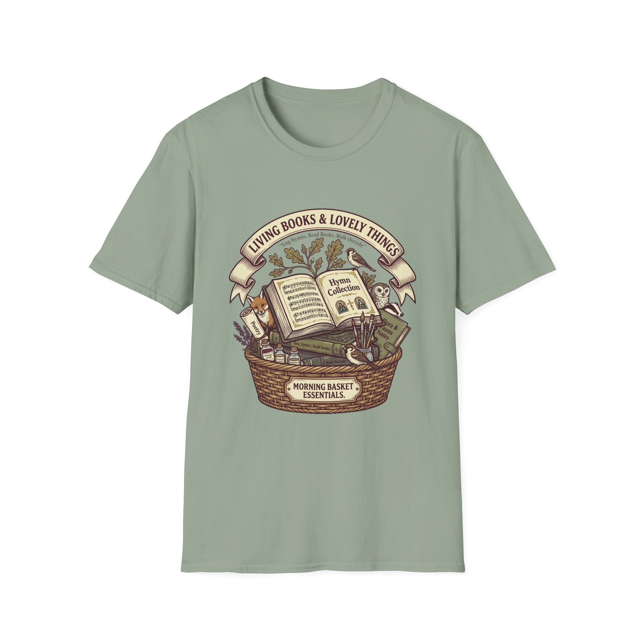 Living Books & Lovely Things homeschool mom graphic t-shirt with a Charlotte Mason-inspired design with books, nature details, and vintage homeschool charm