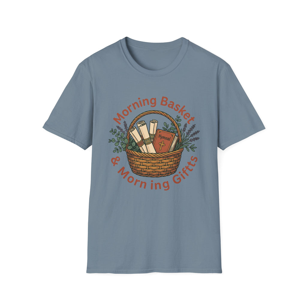 Morning Basket, Morning Gifts homeschool mom graphic t-shirt with a cozy morning basket-inspired design with books, gentle details, and home learning charm