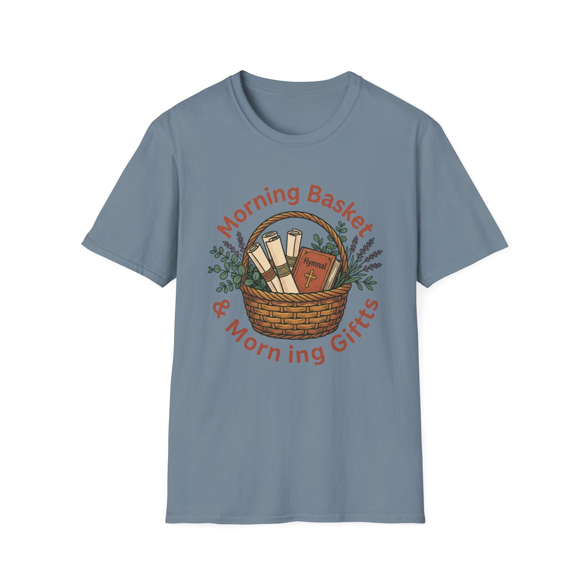 Morning Basket, Morning Gifts homeschool mom graphic t-shirt with a cozy morning basket-inspired design with books, gentle details, and home learning charm