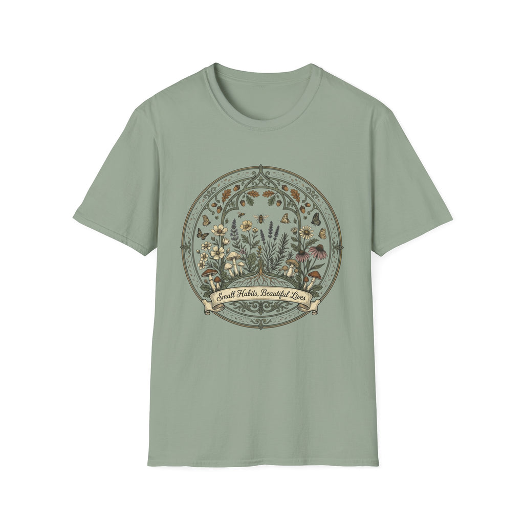 Small Habits Beautiful Lives homeschool mom graphic t-shirt with a warm homeschool-inspired graphic with thoughtful lettering