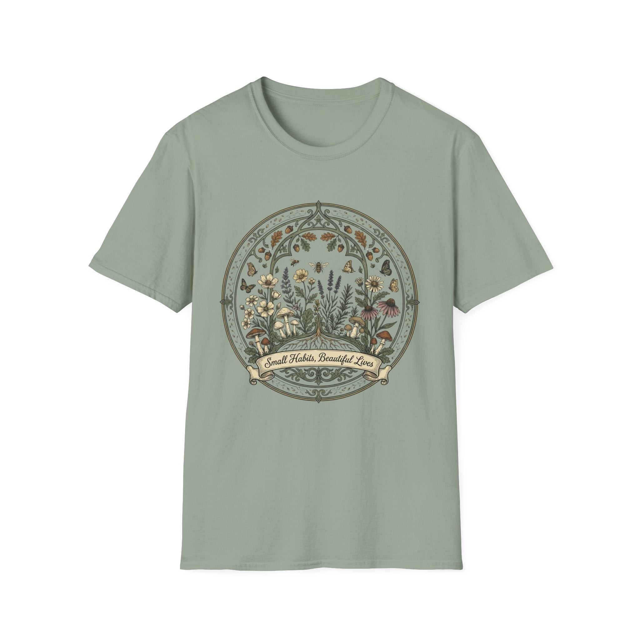 Small Habits Beautiful Lives homeschool mom graphic t-shirt with a warm homeschool-inspired graphic with thoughtful lettering