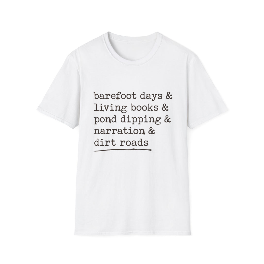 Barefoot Days Check List homeschool mom graphic t-shirt with a playful checklist-style homeschool graphic with bookish and nature-inspired details