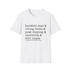Barefoot Days Check List homeschool mom graphic t-shirt with a playful checklist-style homeschool graphic with bookish and nature-inspired details