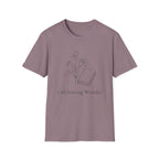 Cultivating Wonder with Flowers homeschool mom graphic t-shirt with a Charlotte Mason-inspired design with books, nature details, and vintage homeschool charm