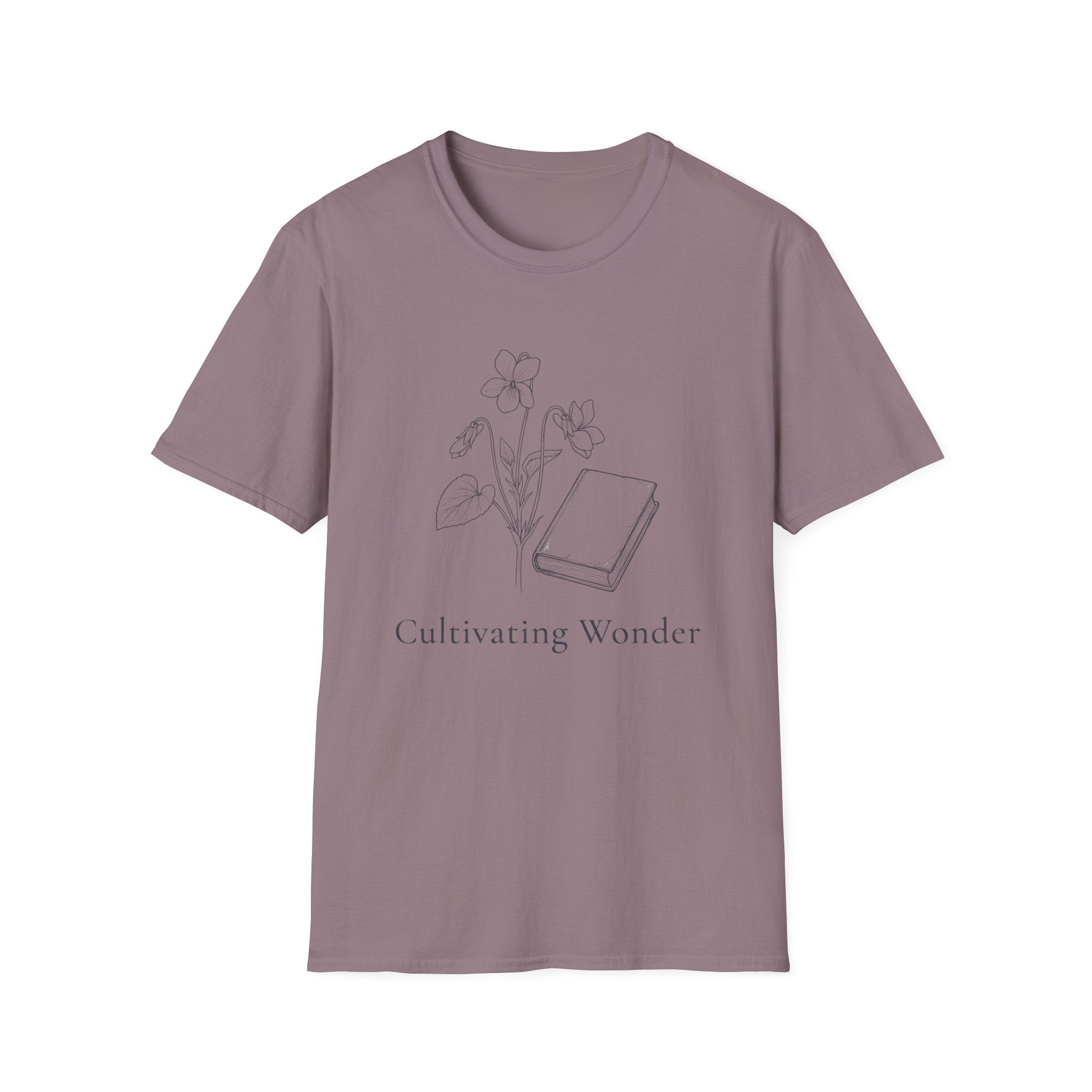 Cultivating Wonder with Flowers homeschool mom graphic t-shirt with a Charlotte Mason-inspired design with books, nature details, and vintage homeschool charm