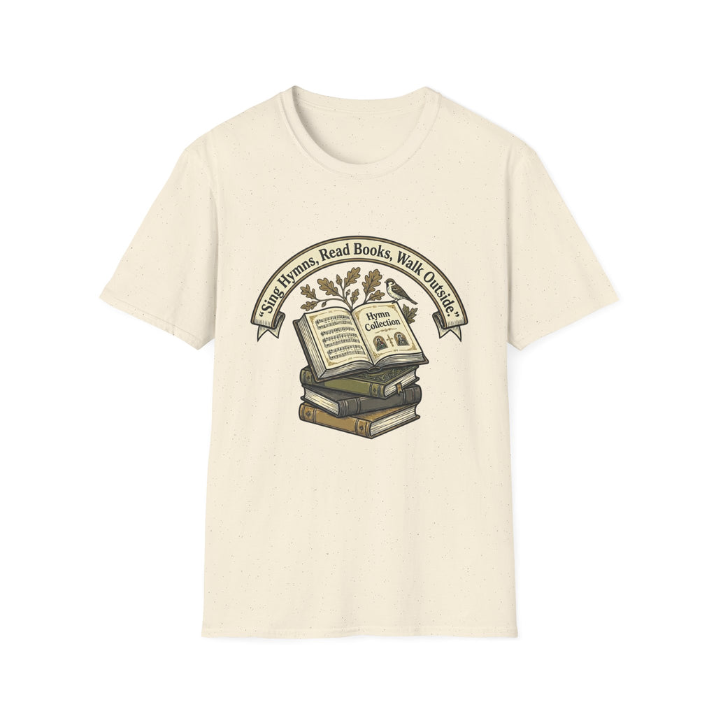 Sing Hymns, Read Books, Walk Outside homeschool mom graphic t-shirt with a faith-filled homeschool design with gentle lettering and classic illustrative details