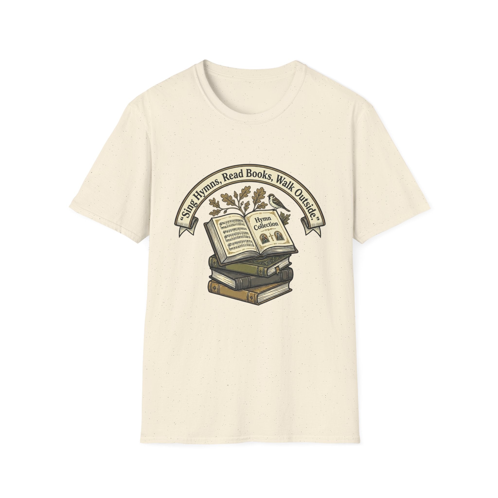 Sing Hymns, Read Books, Walk Outside homeschool mom graphic t-shirt with a faith-filled homeschool design with gentle lettering and classic illustrative details