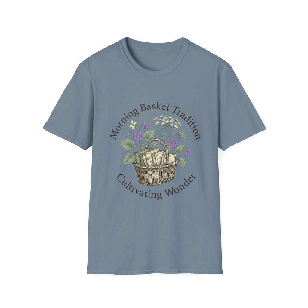 Morning Basket Tradition homeschool mom graphic t-shirt with a cozy morning basket-inspired design with books, gentle details, and home learning charm
