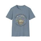 Morning Basket Tradition homeschool mom graphic t-shirt with a cozy morning basket-inspired design with books, gentle details, and home learning charm
