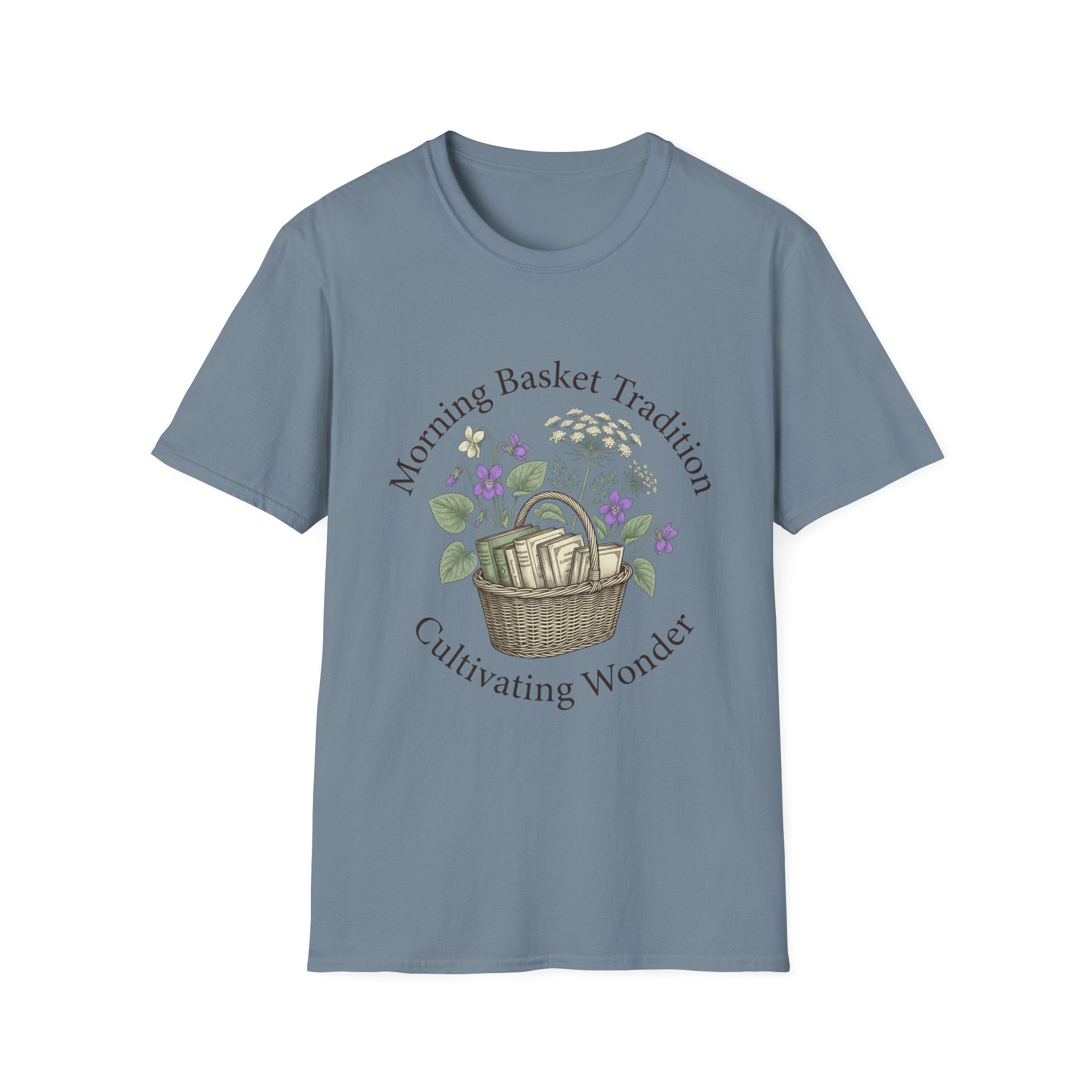 Morning Basket Tradition homeschool mom graphic t-shirt with a cozy morning basket-inspired design with books, gentle details, and home learning charm