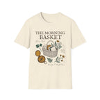 The Morning Basket homeschool mom graphic t-shirt with a cozy morning basket-inspired design with books, gentle details, and home learning charm
