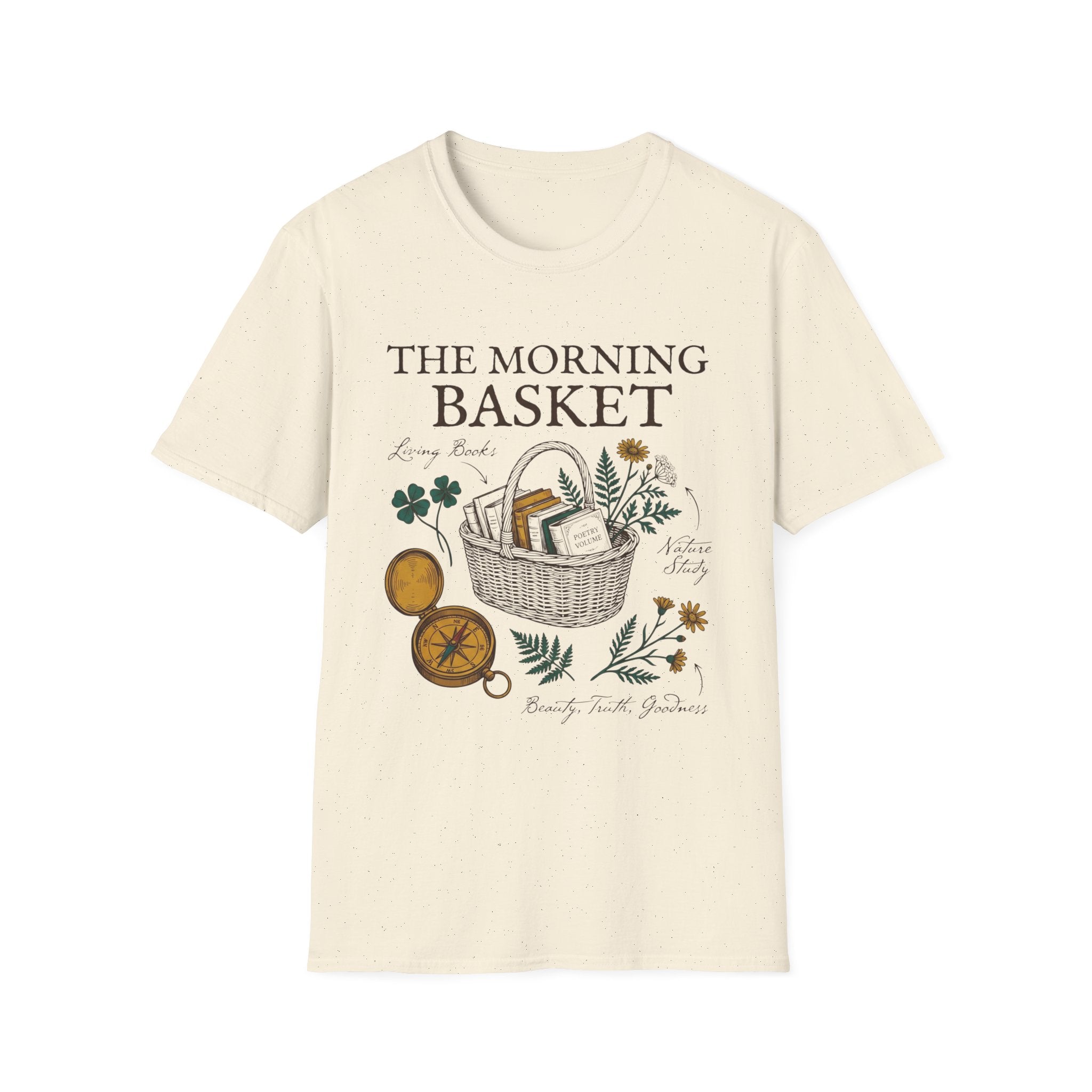 The Morning Basket homeschool mom graphic t-shirt with a cozy morning basket-inspired design with books, gentle details, and home learning charm