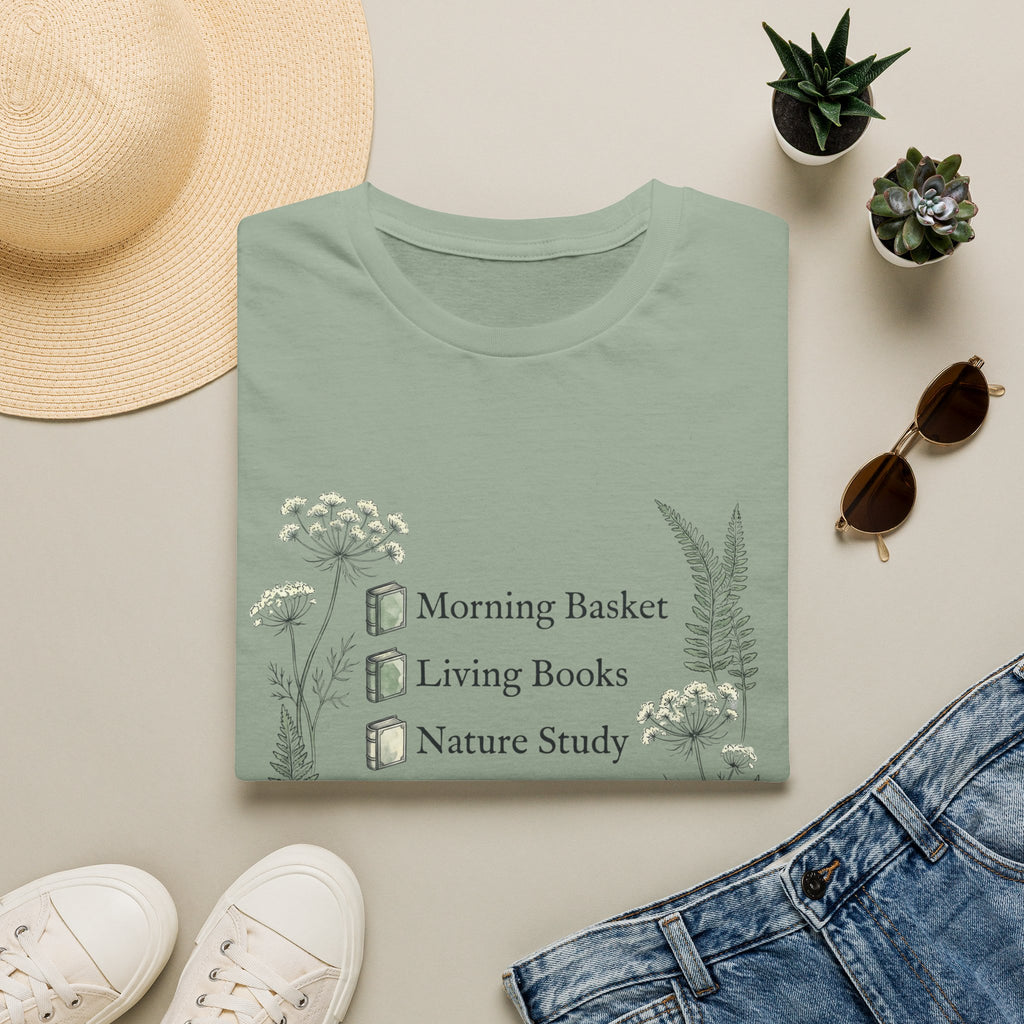 Homeschool Mom Check List homeschool mom graphic t-shirt with a playful checklist-style homeschool graphic with nature-inspired details