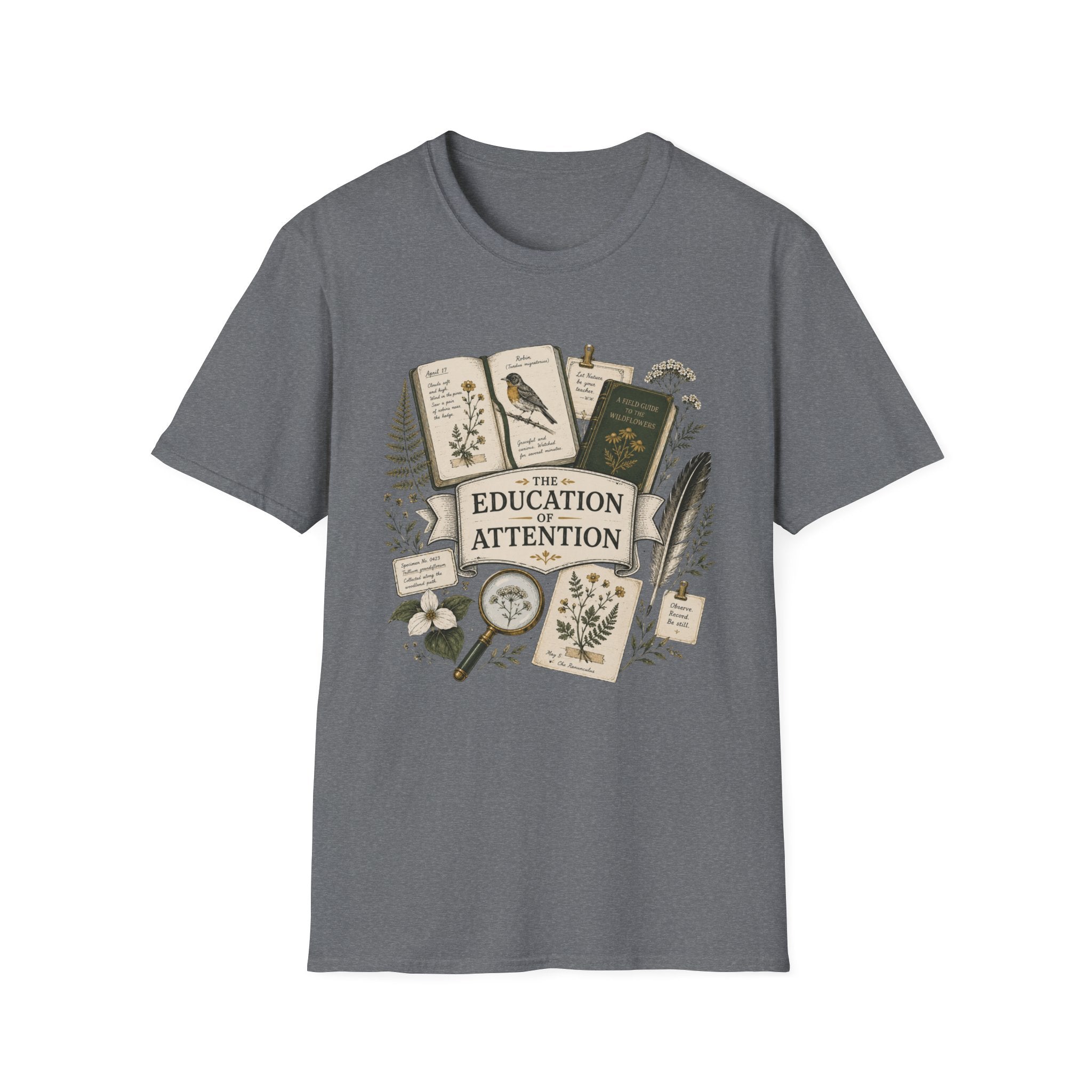 The Education Of Attention homeschool mom graphic t-shirt with a Charlotte Mason-inspired design with books, nature details, and vintage homeschool charm