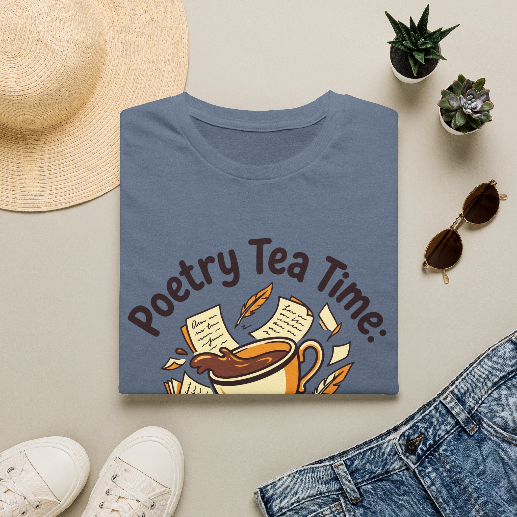 Poetry Tea Time homeschool mom graphic t-shirt with a cozy poetry teatime graphic with tea, books, and vintage homeschool charm