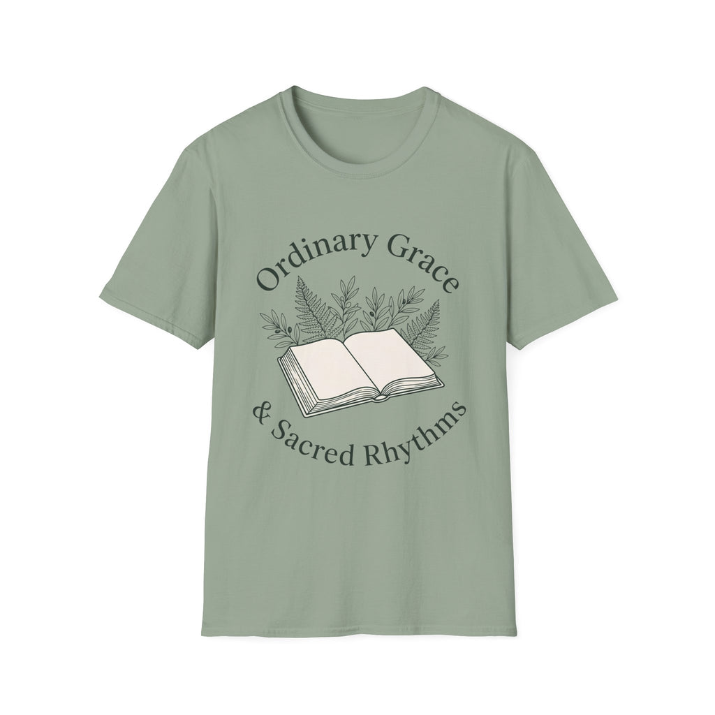 Ordinary Grace homeschool mom graphic t-shirt with a faith-filled homeschool design with gentle lettering and classic illustrative details