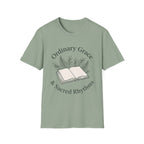Ordinary Grace homeschool mom graphic t-shirt with a faith-filled homeschool design with gentle lettering and classic illustrative details