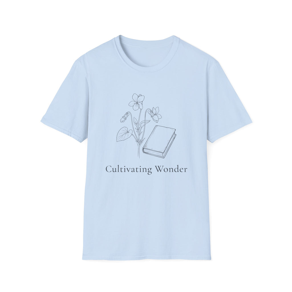 Cultivating Wonder with Flowers homeschool mom graphic t-shirt with a Charlotte Mason-inspired design with books, nature details, and vintage homeschool charm