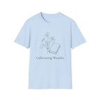 Cultivating Wonder with Flowers homeschool mom graphic t-shirt with a Charlotte Mason-inspired design with books, nature details, and vintage homeschool charm