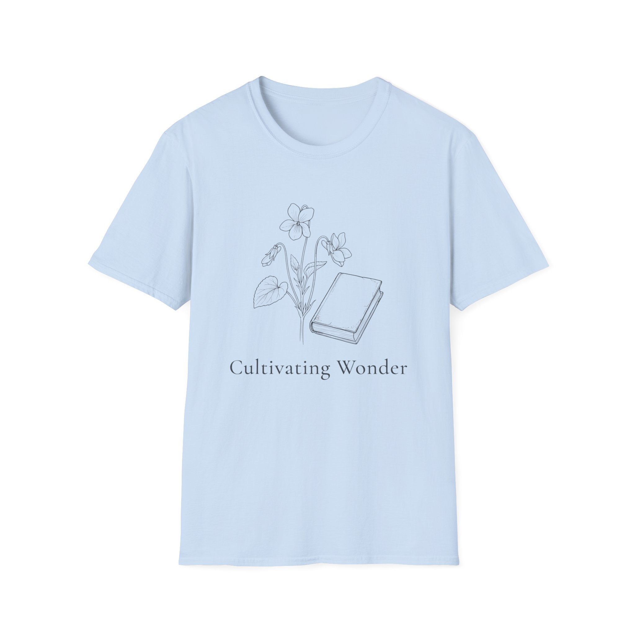 Cultivating Wonder with Flowers homeschool mom graphic t-shirt with a Charlotte Mason-inspired design with books, nature details, and vintage homeschool charm