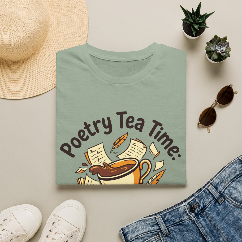 Poetry Tea Time homeschool mom graphic t-shirt with a cozy poetry teatime graphic with tea, books, and vintage homeschool charm
