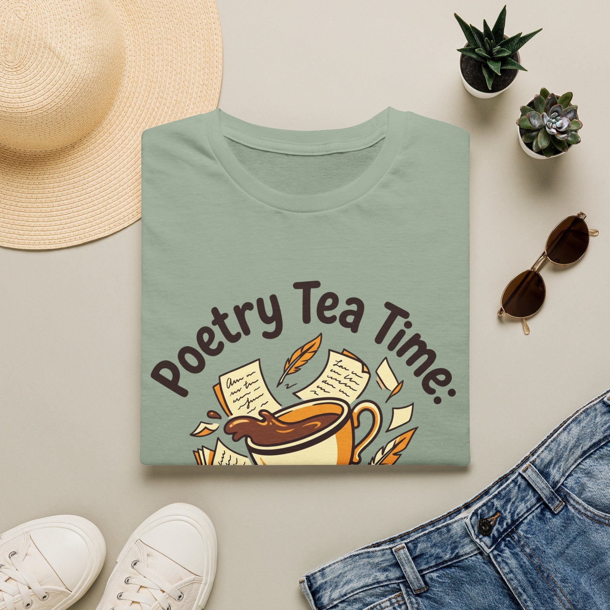 Poetry Tea Time homeschool mom graphic t-shirt with a cozy poetry teatime graphic with tea, books, and vintage homeschool charm
