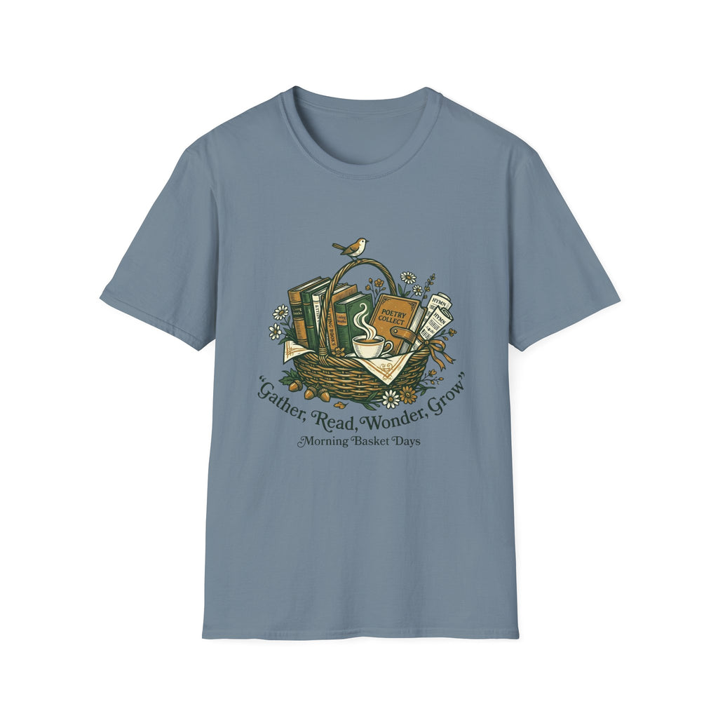 Gather, Read, Wonder, Grow homeschool mom graphic t-shirt with a gathered-at-home inspired graphic with books, florals, and cozy family learning details