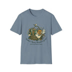 Gather, Read, Wonder, Grow homeschool mom graphic t-shirt with a gathered-at-home inspired graphic with books, florals, and cozy family learning details