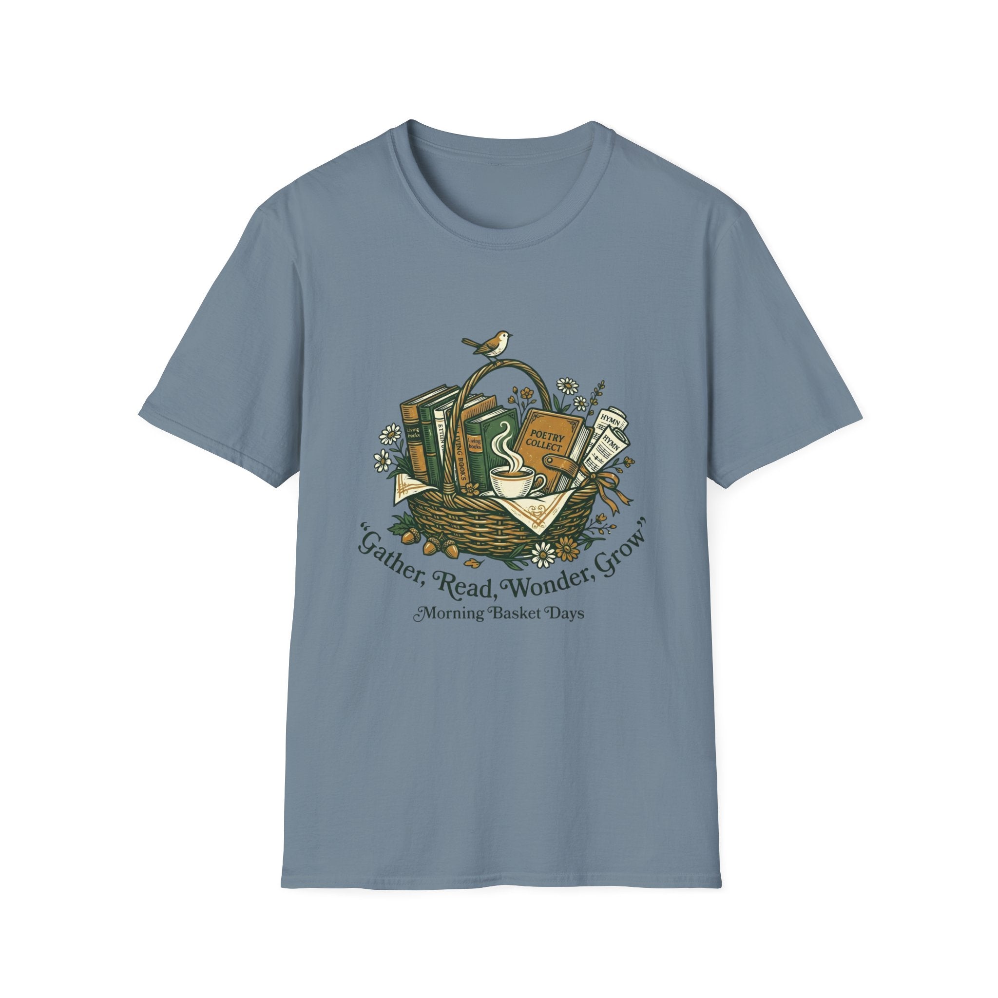 Gather, Read, Wonder, Grow homeschool mom graphic t-shirt with a gathered-at-home inspired graphic with books, florals, and cozy family learning details
