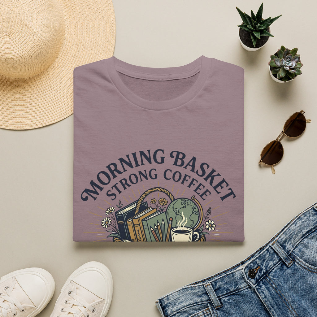 Morning Basket Strong Coffee homeschool mom graphic t-shirt with a cozy morning basket-inspired design with books, gentle details, and home learning charm
