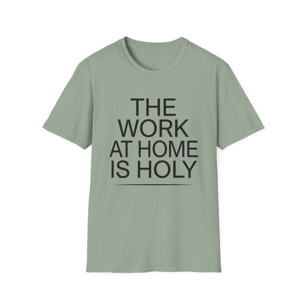 Work At Home Is Holy homeschool mom graphic t-shirt with a gathered-at-home inspired graphic with books, florals, and cozy family learning details