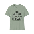 Work At Home Is Holy homeschool mom graphic t-shirt with a gathered-at-home inspired graphic with books, florals, and cozy family learning details