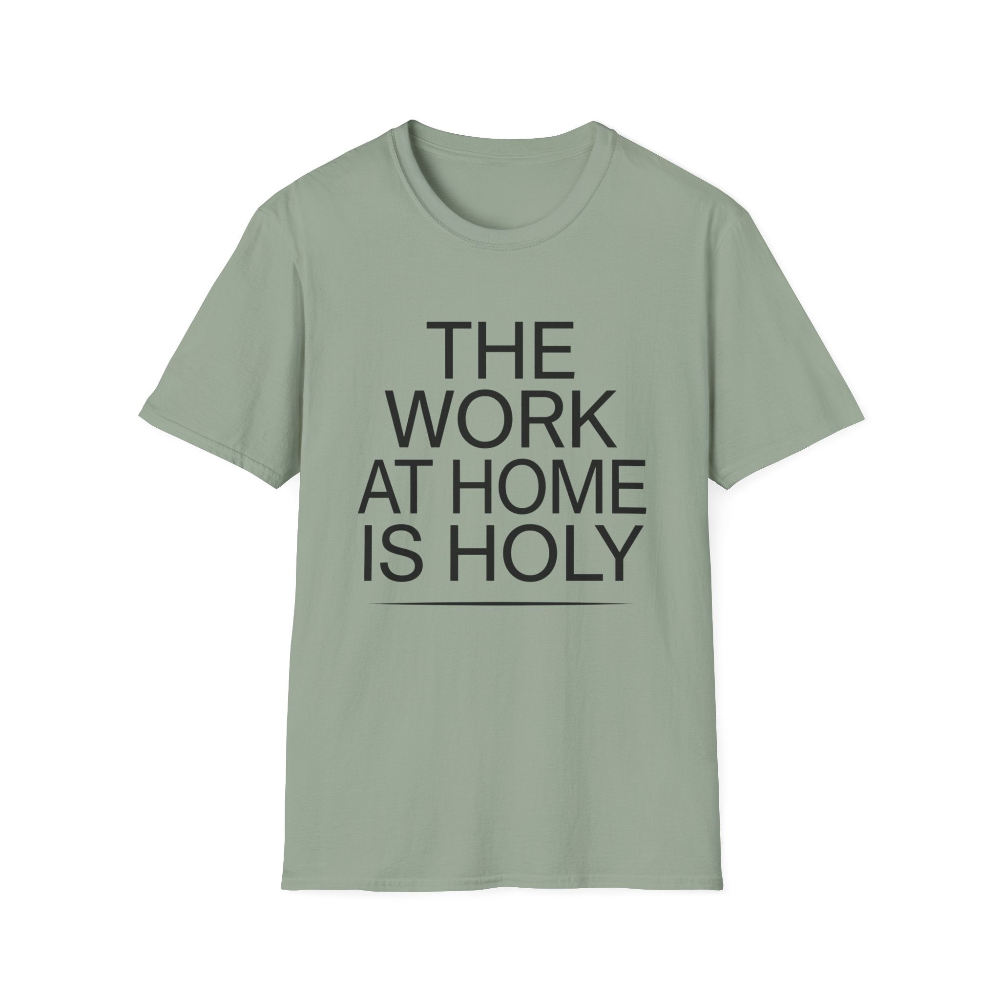 Work At Home Is Holy homeschool mom graphic t-shirt with a gathered-at-home inspired graphic with books, florals, and cozy family learning details