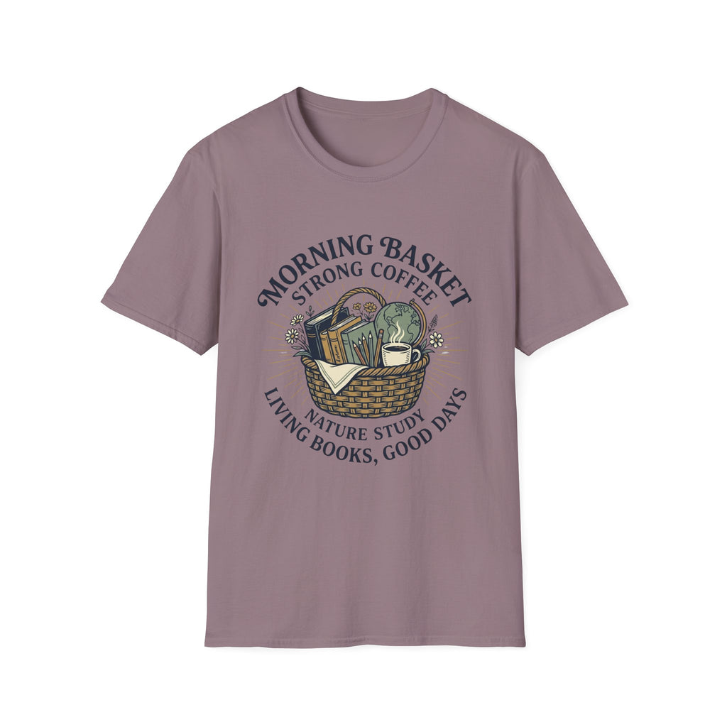 Morning Basket Strong Coffee homeschool mom graphic t-shirt with a cozy morning basket-inspired design with books, gentle details, and home learning charm