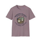 Morning Basket Strong Coffee homeschool mom graphic t-shirt with a cozy morning basket-inspired design with books, gentle details, and home learning charm
