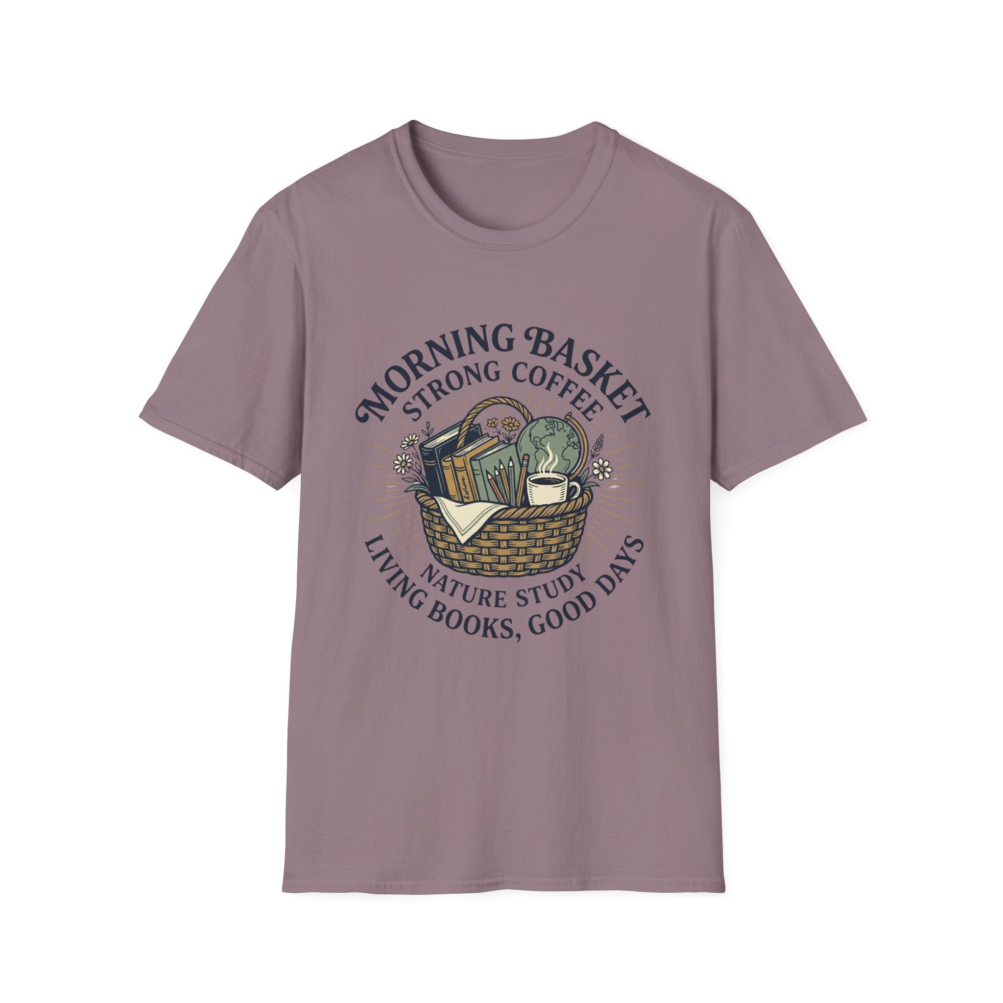 Morning Basket Strong Coffee homeschool mom graphic t-shirt with a cozy morning basket-inspired design with books, gentle details, and home learning charm