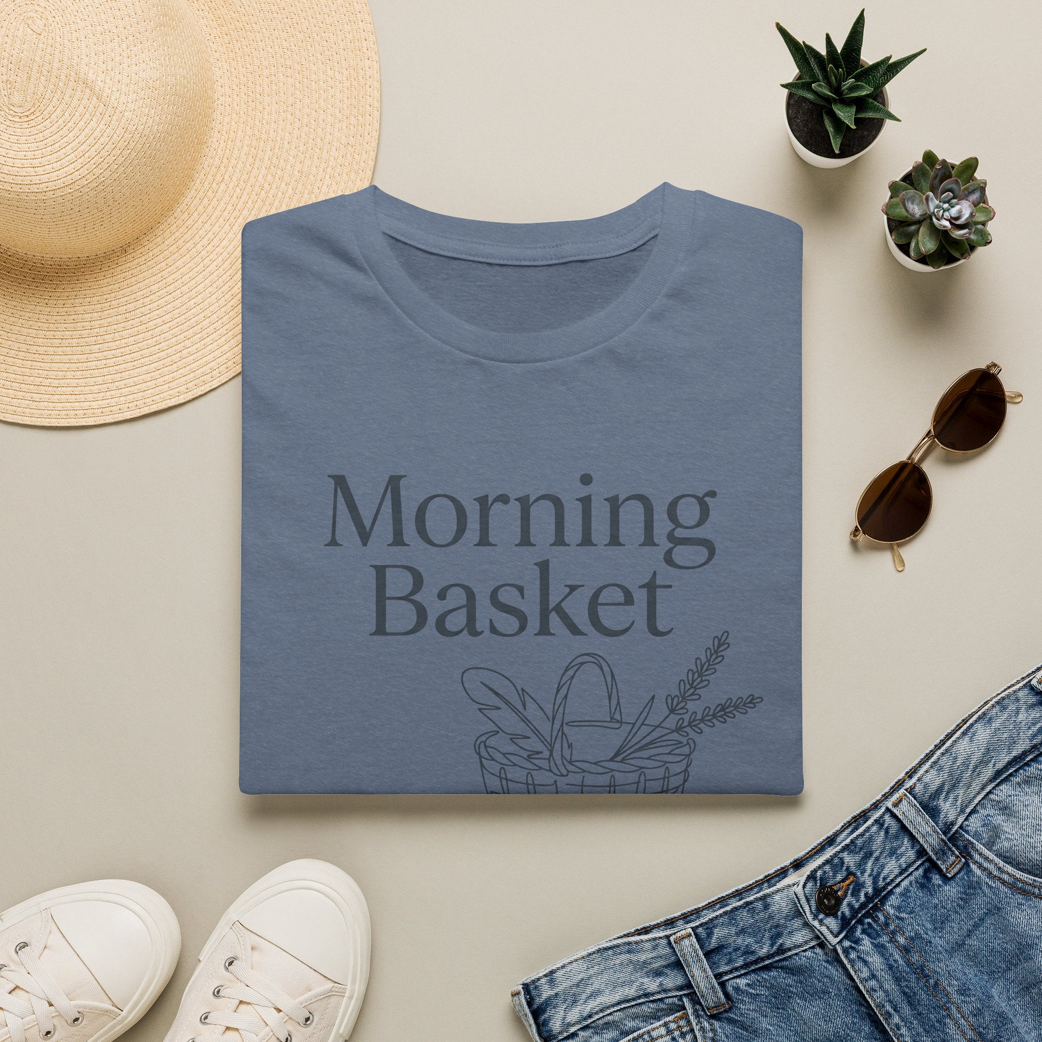 Morning Basket homeschool mom graphic t-shirt with a cozy morning basket-inspired design with books, gentle details, and home learning charm
