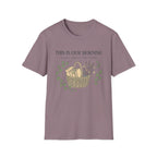 This Is Our Morning homeschool mom graphic t-shirt with a gathered-at-home inspired graphic with books, florals, and cozy family learning details