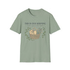 This Is Our Morning homeschool mom graphic t-shirt with a gathered-at-home inspired graphic with books, florals, and cozy family learning details
