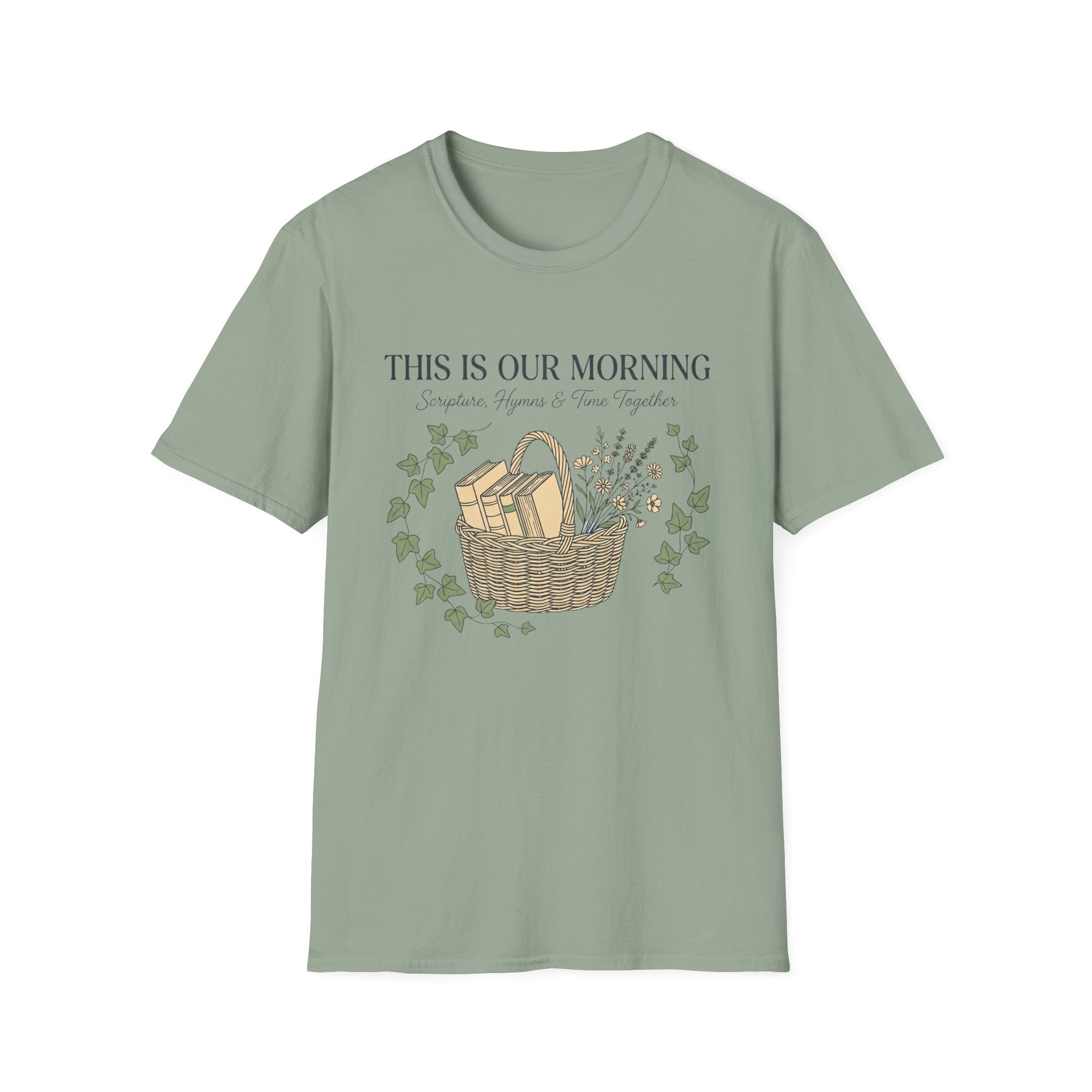 This Is Our Morning homeschool mom graphic t-shirt with a gathered-at-home inspired graphic with books, florals, and cozy family learning details