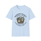 Morning Basket Strong Coffee homeschool mom graphic t-shirt with a cozy morning basket-inspired design with books, gentle details, and home learning charm