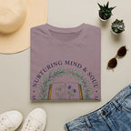 Nurturing Mind & Soul homeschool mom graphic t-shirt with a warm homeschool-inspired graphic with thoughtful lettering