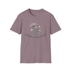 Gathered & Growing homeschool mom graphic t-shirt with a gathered-at-home inspired graphic with books, florals, and cozy family learning details
